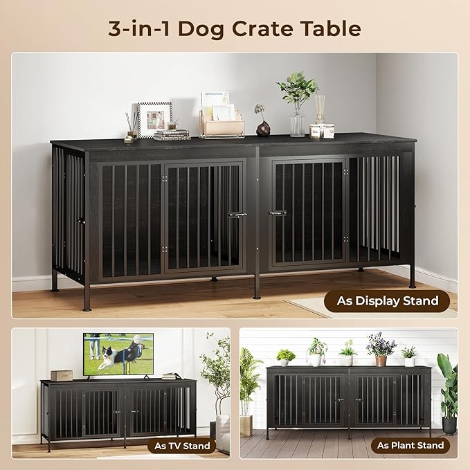 78 Inch Dog Cage Furniture for 2 Large/Medium Dogs with Removable Divider, Extra Large Double Doors Dog Kennel, XXL Thick Wooden Dog cage Furniture, Durable and Sturdy, Dark Grey-PurrikoPets