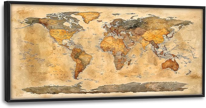 Extra Large World Map Framed Wall Art for Living Room,Oversized Vintage Map of The World Pictures Wall Decor,Canvas Print Painting Modern Artwork Bedroom Office Bathroom 60L" x 30W"-PurrikoPets