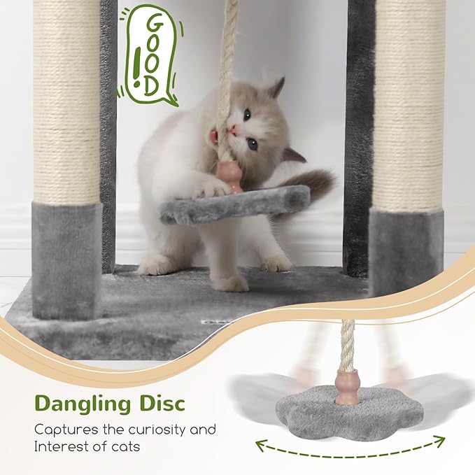 Globlazer Cat Tree, 70 inch Tall Scratching Tower Multi-Level Cat Condo for Indoor Multiple Cats with 2 Large Cat Caves, Top Perch, Large Platform, Bottom Swing, F70B, Light Grey-PurrikoPets