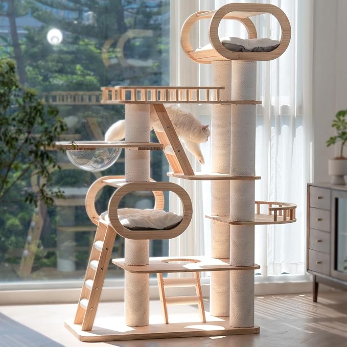 76.8'' Modern Cat Tree for Indoor Cats, Tall Wooden Cat Tower for Home Decoration, Multi-Level Tower with Transparent Cat Bed, Huge Cat Condo for Multi-Cat Families-PurrikoPets