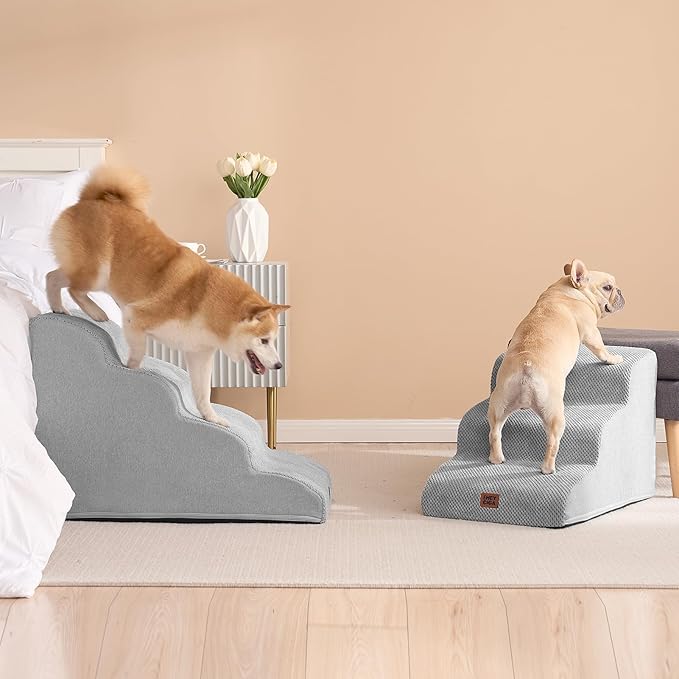 EHEYCIGA Curved Dog Stairs Ramp for Small Dogs 15.7" H, 3-Step Dog Steps for Couch Sofa and Chair, Pet Stairs for Cats, Non-Slip Balanced Pet Steps Indoor, Light Grey-PurrikoPets
