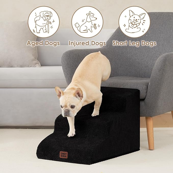EHEYCIGA Curved Dog Stairs Ramp for Small Dogs 15.7" H, 3-Step Dog Steps for Couch Sofa and Chair, Pet Stairs for Cats, Non-Slip Balanced Pet Steps Indoor, Black-PurrikoPets
