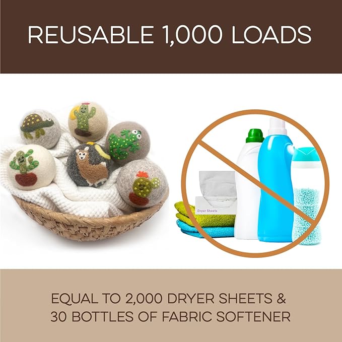 Fluff Ewes Wool Dryer Balls 6 Pack Premium New Zealand Wool Laundry Balls for Dryer, No Static Dryer Balls Laundry Reusable, XL Wool Dryer Balls Cute, Baby Dryer Balls for Dryers - Kiss My Cactus-PurrikoPets