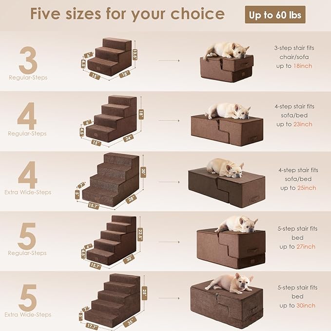 EHEYCIGA Dog Stairs for High Bed 25" H, 5-Step Extra Wide Dog Steps for Bed, Pet Steps for Small Dogs and Cats, Non-Slip Balanced Pet Ramp Indoor, Brown-PurrikoPets