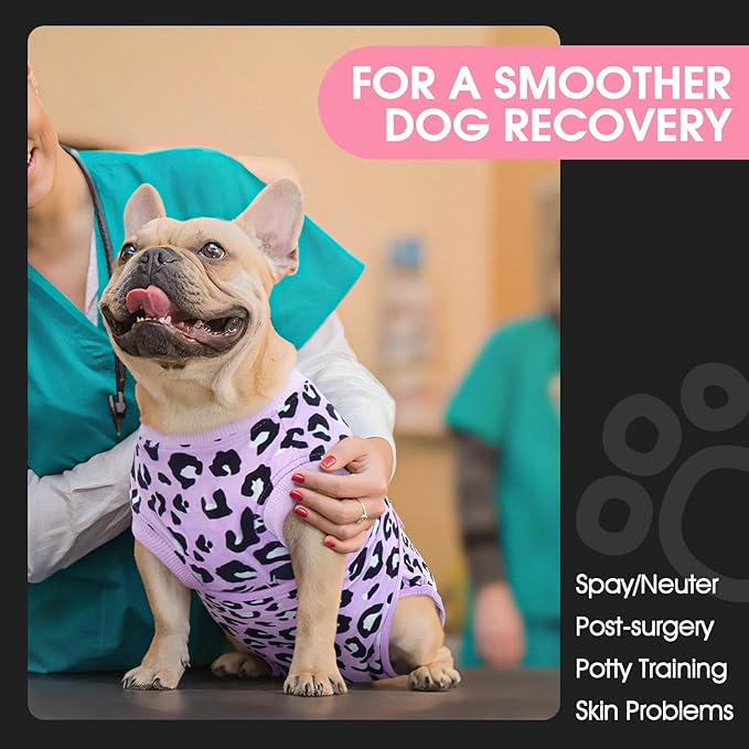 FUAMEY Recovery Suit for Dogs After Surgery,Soft Breathable Dog Bodysuit E-Collar & Cone Alternative Surgical Suit,Male Female Dog Neuter Spay Suits Anti Licking Wounds Onesie Purple Leopard S-PurrikoPets