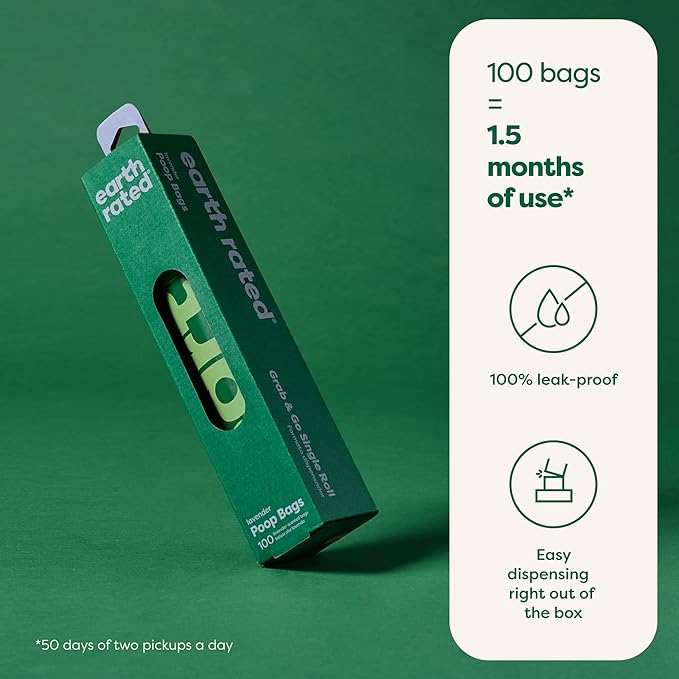 Earth Rated Dog Poop Bags, Thick Grab and Go Single Roll, Ideal for Backyard Pickups, Lavender Scented, 100 Count-PurrikoPets