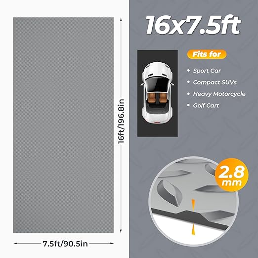 7.5 x 16 FT Garage Floor Mats for Under Car, 2.8mm Thickened Rubber Flooring Roll, S Size 120 SQFT Mat for Compact SUV, Sports Car-PurrikoPets