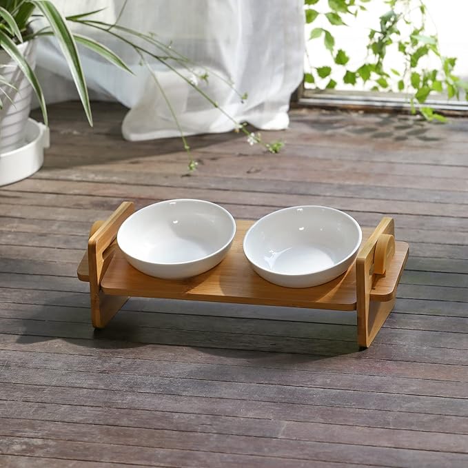 FUKUMARU Elevated Cat Ceramic Bowls, Small Dog 15° Tilted Raised Food Feeding Dishes, Solid Bamboo Water Stand Feeder Set for Cats and Puppy-PurrikoPets