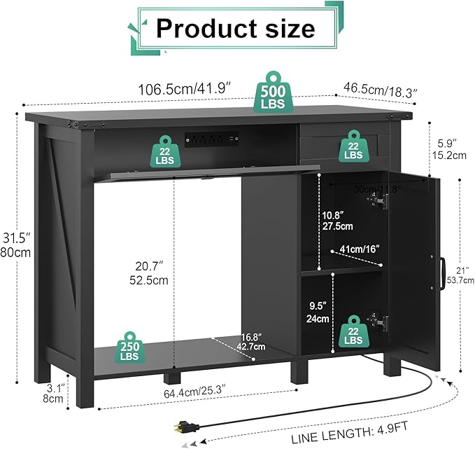 40 Gallon Aquarium Stand With Charging Station, Farmhouse Fish Tank Stand, Reptile Tank Stand Terrarium Stand with Drawer and Cabinet Storage, Sturdy Heavy Duty 41.9"×18.3" Tabletop - Black-PurrikoPets