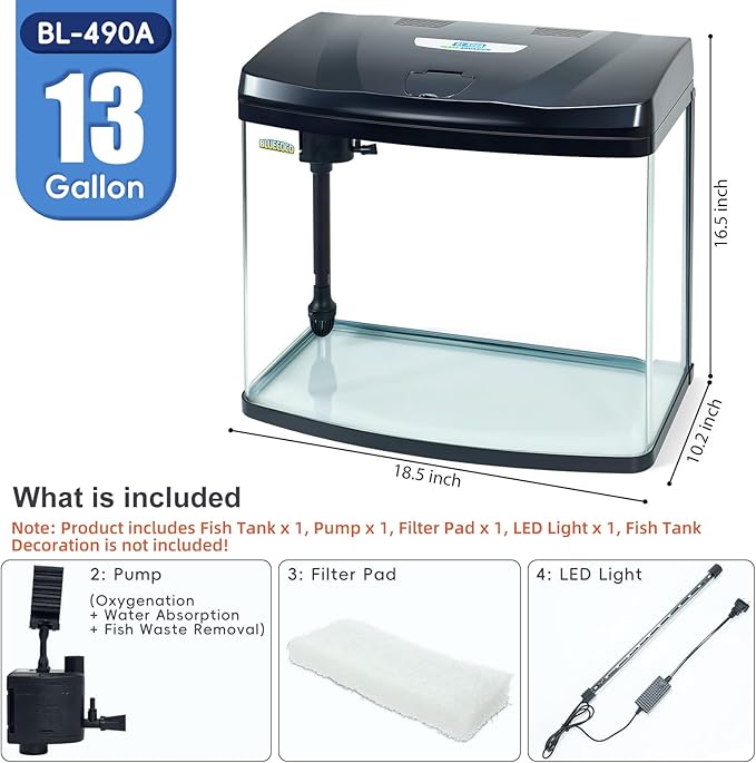 13 Gallon Glass Aquarium Starter Kit with Flip-Top Feeding Port for Betta Fish: Crystal Clear Viewing, Eco-Cycle Filtration, Air Pump, and LED Lighting-PurrikoPets