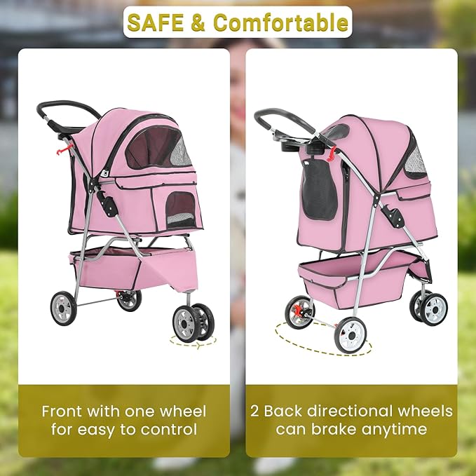 3-Wheels Pet Strolling Cart for Small Medium Dogs and Cats with Storage Basket,Holder, Foldable Pet Stroller with Waterproof Cover, Breathable Mesh for All-Season, Pink-PurrikoPets