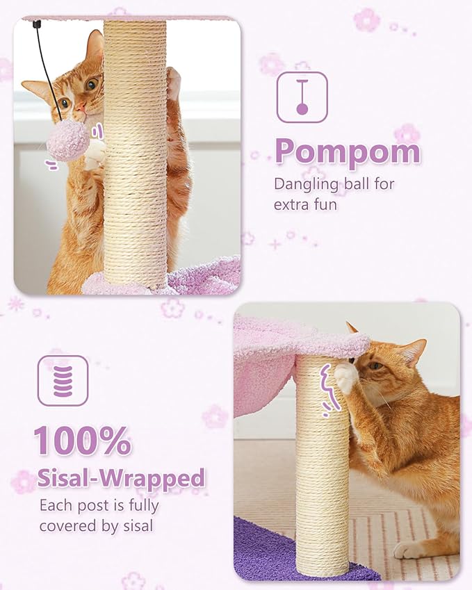 Flower Cat Scratching Post, 28" Cute Cat Tree Tower for Indoor Cats with Large Hammock Soft Perch Bed, Replaceable Toy Ball for Kittens, Purple-PurrikoPets