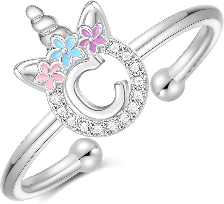 Unicorn Rings Gifts for Girls - Adjustable Initial Ring Dainty Cute Unicorn Rings for Girl Teens Little Girls Jewelry Birthday Gift