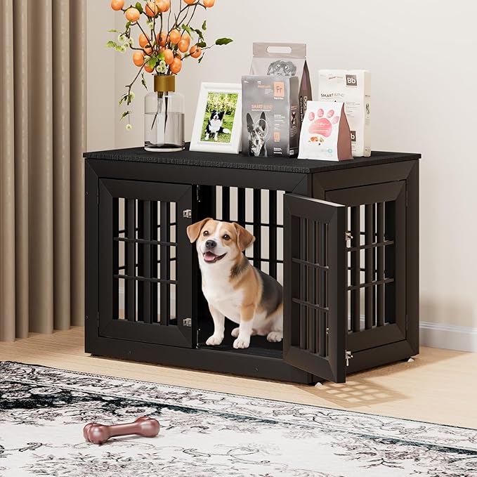 38" Heavy Duty Dog Crate Furniture for Small,Medium and Large Dogs,Rustic Wooden Dog Cage Kennel Indoor Furniture with Waterproof Top,Decorative Pet House Side End Table (Black)-PurrikoPets