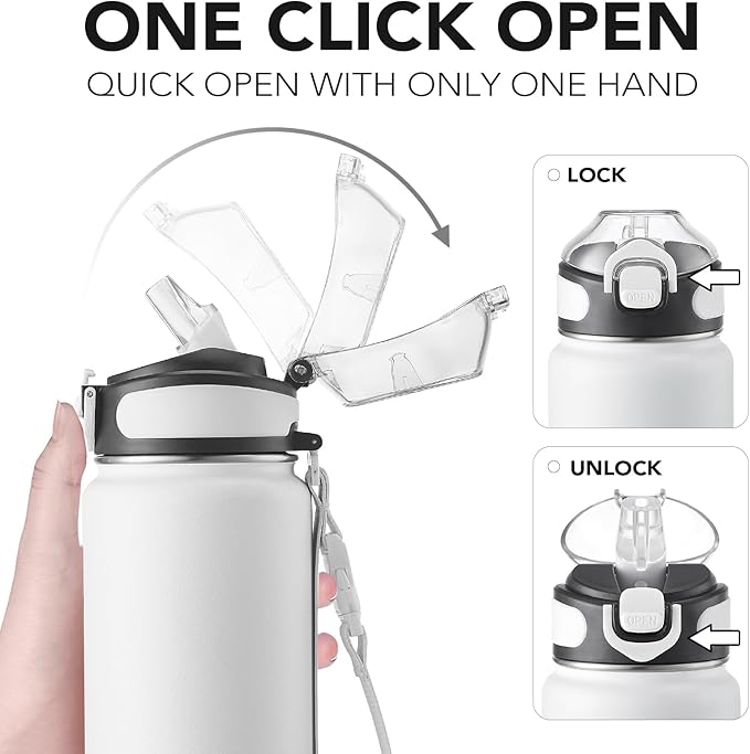 Enerbone 32 oz Insulated Water Bottle, Stainless Steel Bottle with Carrying Strap, Double-Wall Vacuum Insulation Design, Leakproof Sports Bottle with Straw, Keep Drinks Cold or Hot for Hours-PurrikoPets