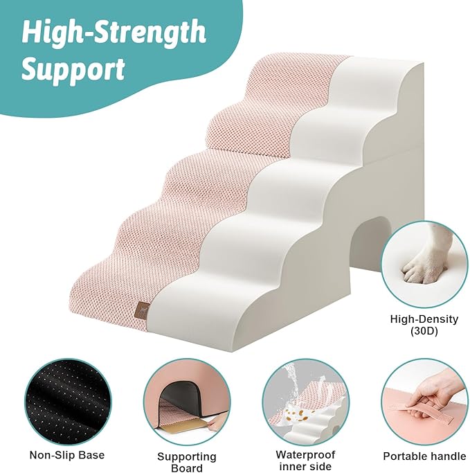 Extra Wide Dog Stairs with Tunnel, Detachable Large Pet Step for Small Medium Dog, Puppy or Cat, Ramp for High Bed, Couch, Sofa or Car, Stable, 19.7x33x22.4 inch, 5 Step, Pink-PurrikoPets