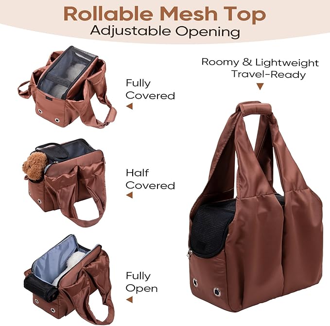 Dog Purse Carrier for Small Dogs, Cats, and Puppies – Soft-Sided Travel Pet Tote Bag with 4 Large Pockets, Foldable, Lightweight, Fits Pets up to 15 lbs, for Travel, Outings (Brown)-PurrikoPets
