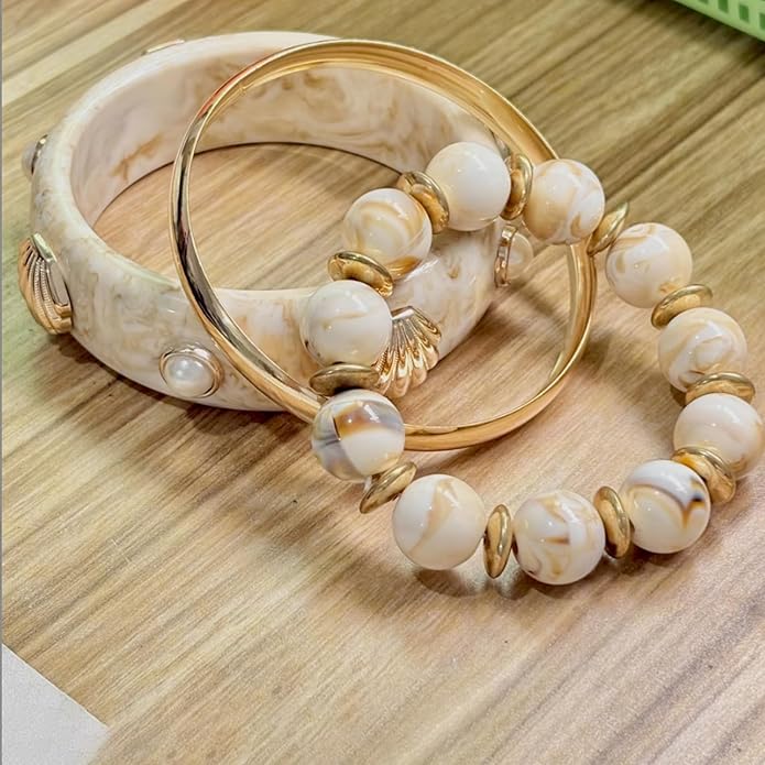 1 Set Bold Sea Inspired Multilayer Stackable Bracelet With Shell Waved Design Lightweight Resin Iron Jewelry For Women