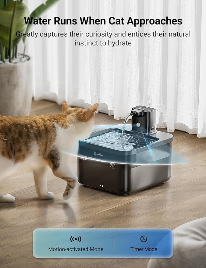 DownyPaws Battery Operated Cat Water Fountain, 84oz/2.5L Fursink Wireless Cat Waterer Fountain with Motion Sensor, BPA-Free, Black with 6 Filters-PurrikoPets