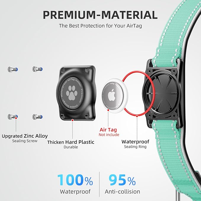 Airtag Dog Collar - 100% Waterproof Air tag Dog Collar Holder for Apple AirTag, Reflective, Soft Padded, Everlasting, GPS Dog Collar for Small Medium Large Dogs (Teal, L)-PurrikoPets