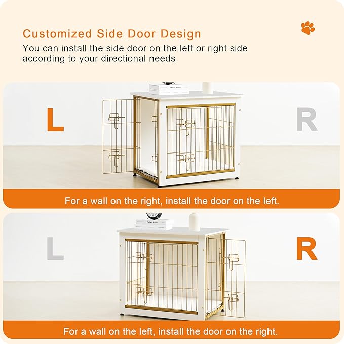 DWANTON Dog Crate Furniture with Cushion, Wooden Kennel Table with Double Doors, Indoor Dog House, Small/Medium/Large Size, 27.2" L, White-PurrikoPets