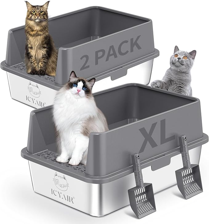 2PACK Stainless Steel Cat Litter Box with High Sides Lid, Extra Large XL Litter Box for Big Cats, Metal Kitty Litter Boxes with Anti-Leakage Enclosure,Non-Stick,Odorless,Scoop Included-PurrikoPets
