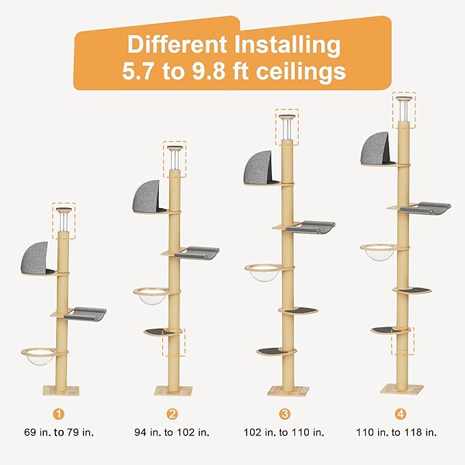 FUKUMARU Floor to Ceiling Cat Tree, 6 Level Adjustable Height (5.7-9.8 ft) Climbing Tower with Thickened Scratching Posts, Cats Activity Center with Transparent Capsule and Cozy Hammock-PurrikoPets