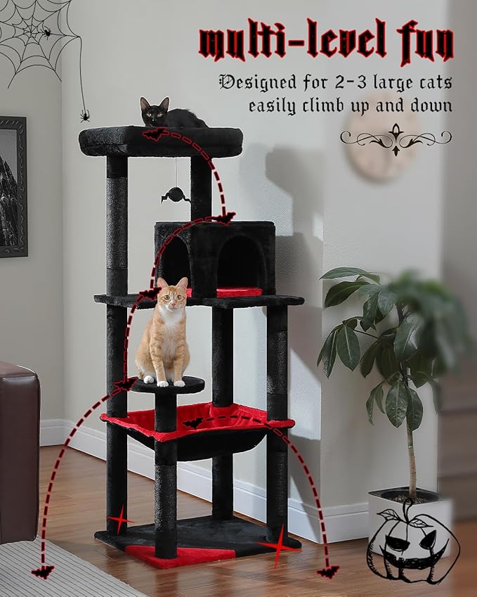 Gothic Cat Tree with Super Large Hammock, 56.3" Black Cat Tower with Coffin Bed, Cat Condo, Sisal Scratching Posts & Top Perch, Multi-Level Goth Cat Tree, Halloween, Black-PurrikoPets