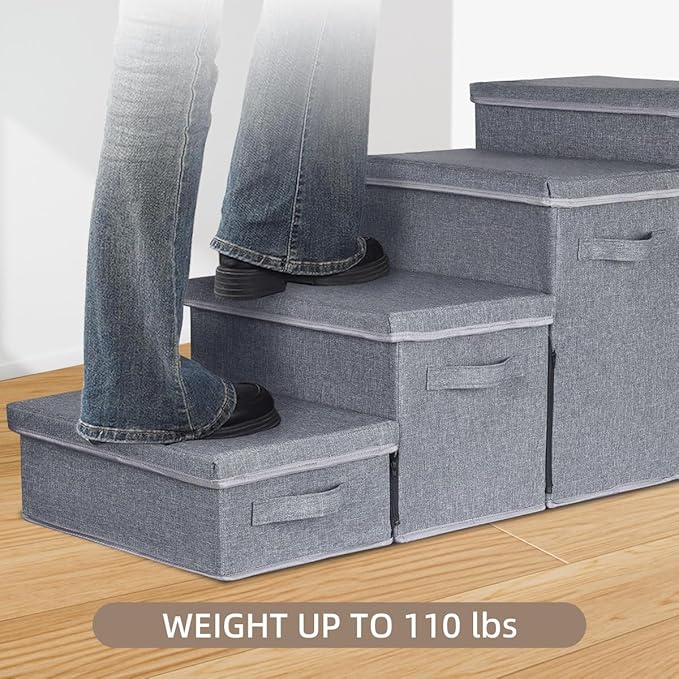 Dog Stairs with Storage, 4-Step Folding Pet Steps for Small Dogs and Cats, Pet Steps Storage with Zip, Pet Stairs for High Bed, Couch and Car Ramp (Gray, 4 Steps no Condo)-PurrikoPets