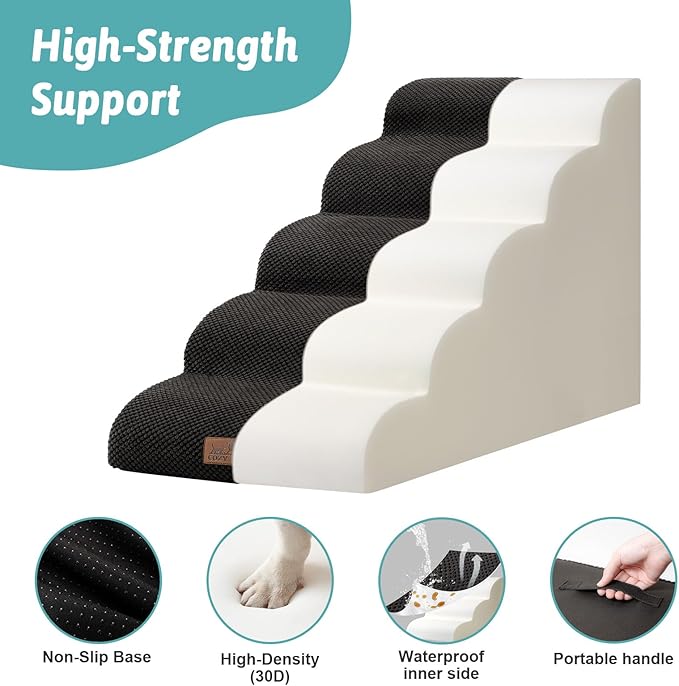 Extra Wide Dog Stairs 19.7" Width, Large Pet Step for Small Medium Dog, Puppy or Cat, Ramp for High Bed or Car, High Density Foam Ladder, Stable, 5 Step, 19.7x33x22.4 inch, Black-PurrikoPets
