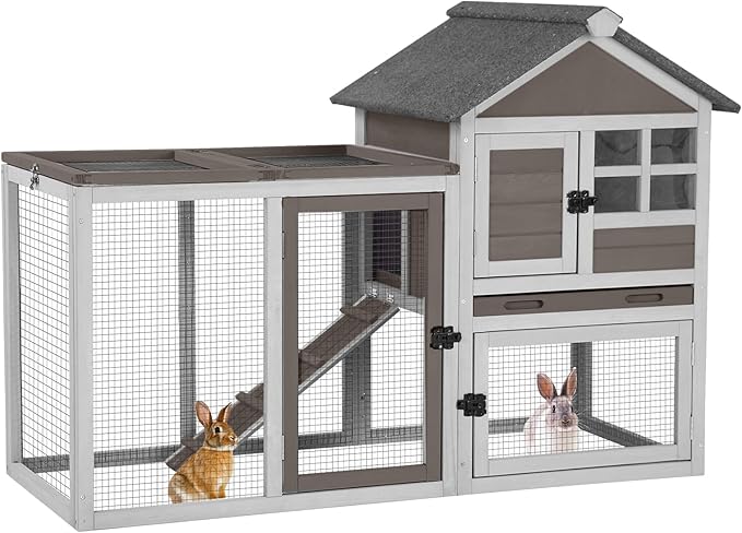 Aivituvin Rabbit Hutch Indoor Bunny Cage Outdoor with Run Chicken Coop Guinea Pig House with Waterproof Asphalt Roof,No Leakage Pull Out Tray-PurrikoPets