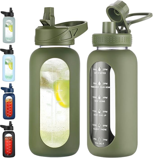 32 oz Glass Water Bottle with Straw and Handle, Sports Motivational Water Flask with Silicone Sleeve, Large Leakproof Water Flask Cup with Time Marker for Travel, Gym, Army Green-PurrikoPets