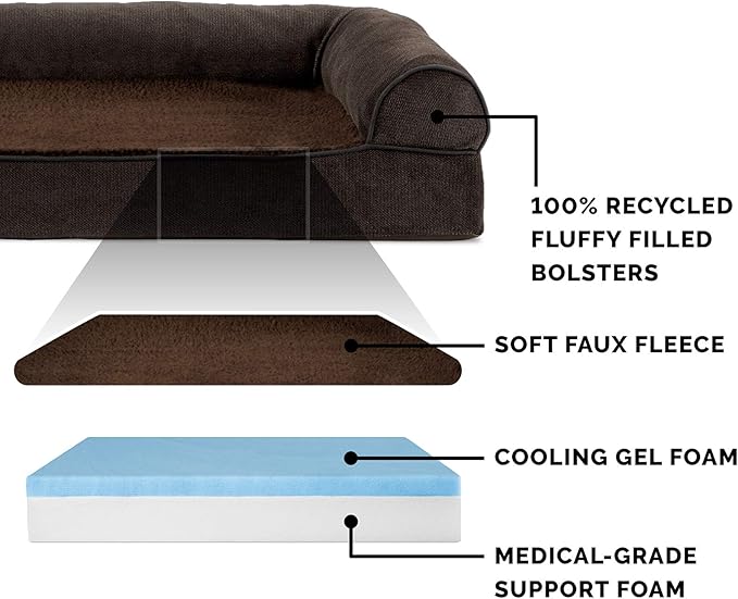 Furhaven Cooling Gel Dog Bed for Large Dogs w/ Removable Bolsters & Washable Cover, For Dogs Up to 95 lbs - Sherpa & Chenille Sofa - Coffee, Jumbo/XL-PurrikoPets