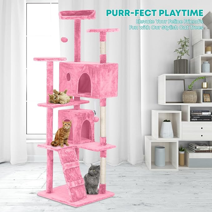 FDW Cat Tree 70in Cat Tower Multi-Level Durable Cat Scratching Post & Cozy Fun Cat Jumping Platform Space Saving Cat Condo Pet Play House for Indoor Cats,Pink-PurrikoPets