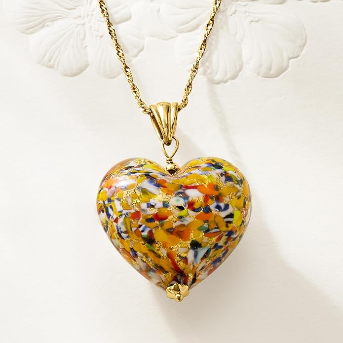 Ross-Simons Italian Murano Glass Heart Pendant Necklace in 18kt Gold Over Sterling