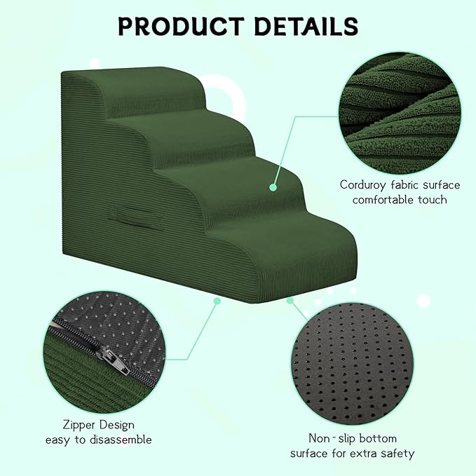 Dog Steps for Small Dogs, 4-Step Pet Ramp Stairs for High Beds and Sofa, Non-Slip Pet Stairs for Small Dogs and Cats, Removable and Easy to Clean Cover, Green-PurrikoPets