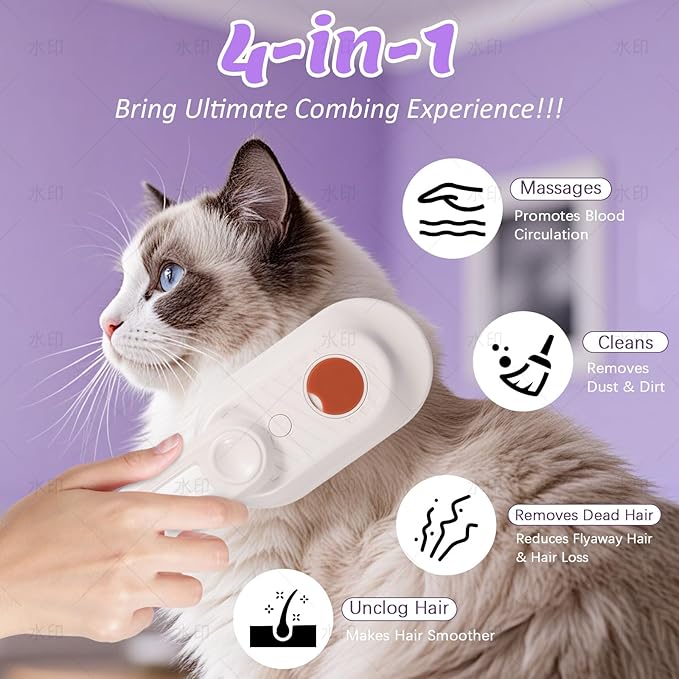 4 in 1 Cat & Dog Steam Brush Kit with 2 Comb Heads - Rechargeable Grooming Brush for Long/Short Hair Shedding, Anti-Static Steam Spray & Foldable Handle, Pet Spa Cleaning Tool (Purple)-PurrikoPets