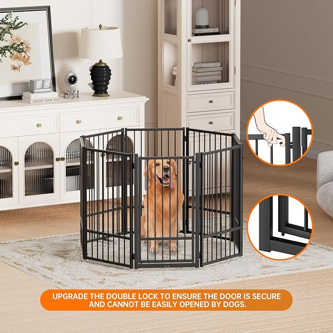 Full Metal Freestanding Dog Gate with Door, 36''Height Foldable Pet Dog Fence for Indoor & Outdoor, 8 Panels Extra Wide Free Standing TallDog Gates for Doorways,House,Stairs,Porch,Deck,Yard-PurrikoPets