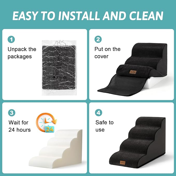 Dog Stairs for Small Dogs 15.7" H, Curved Dog Step for Puppy, Older Cat, Medium Pet Ramp for Sofa, Couch or Bed, Ladder with High Density Foam, 15.7x22.4x15.7 inch, 3 Step, Black-PurrikoPets