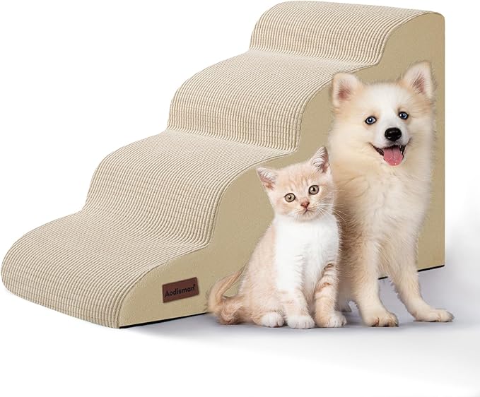 4-Step Dog Stairs and Ramp for Beds or Couches,Non-Slip Sturdy Pet Steps for Small Dogs and Cats,17.4" H,Beige-PurrikoPets