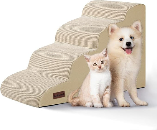 4-Step Dog Stairs and Ramp for Beds or Couches,Non-Slip Sturdy Pet Steps for Small Dogs and Cats,17.4" H,Beige-PurrikoPets