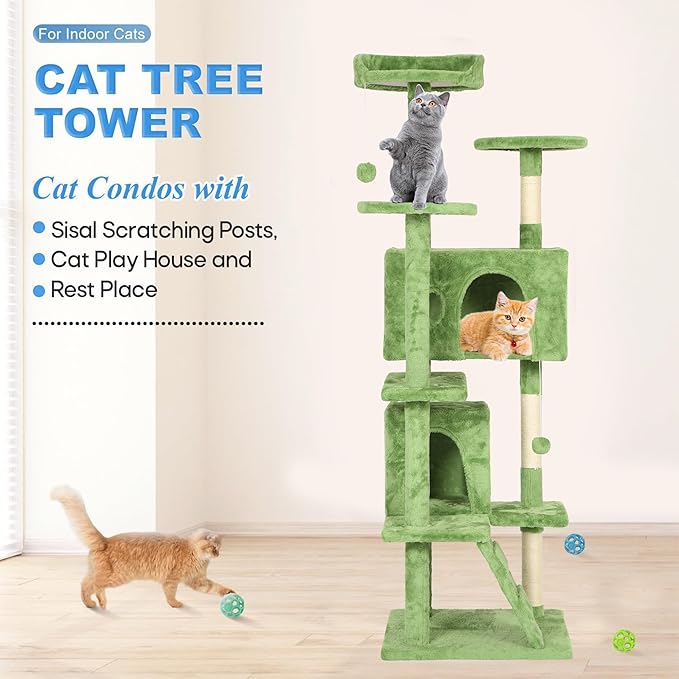 FDW Cat Tree 70in Cat Tower Multi-Level Durable Cat Scratching Post & Cozy Fun Cat Jumping Platform Space Saving Cat Condo Pet Play House for Indoor Cats,Green-PurrikoPets