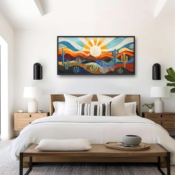 Extra Large Framed Abstract Boho Desert Wall Art, Sun Cactus Landscape Wall Decor Pictures for Living Room,Cacti Canvas Print Painting Modern Artwork Bedroom Office Bathroom Home Decor 60L x 30W-PurrikoPets