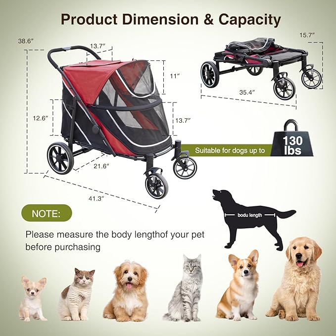 Dog Stroller for Medium/Large Dogs One-Click Folding, Extra Large Pet Stroller for 2 Dogs with Storage Pocket & Shock Absorption, Up to 130 lbs, Red-PurrikoPets