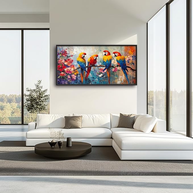 Extra Large Framed Parrot Bird Wall Art,Oversized Abstract Colorful Parrots Flower Wall Decor Pictures for Living Room,Canvas Print Painting Modern Artwork Bedroom Office Bathroom Home Decor 60L x30W-PurrikoPets