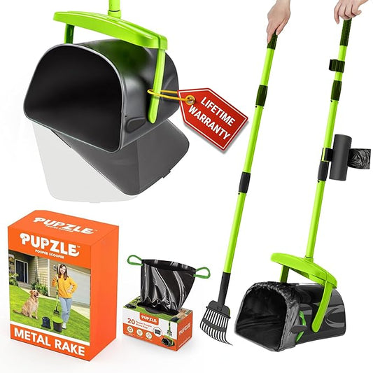 Dog Pooper Scooper with Bag Attachment, 40" Long Handle Pooper Scooper for Large Dogs, Dog Poop Scoop for Yard, Large Capacity Swivel Bin and Rake, Lavender Scented Bags (Green)-PurrikoPets