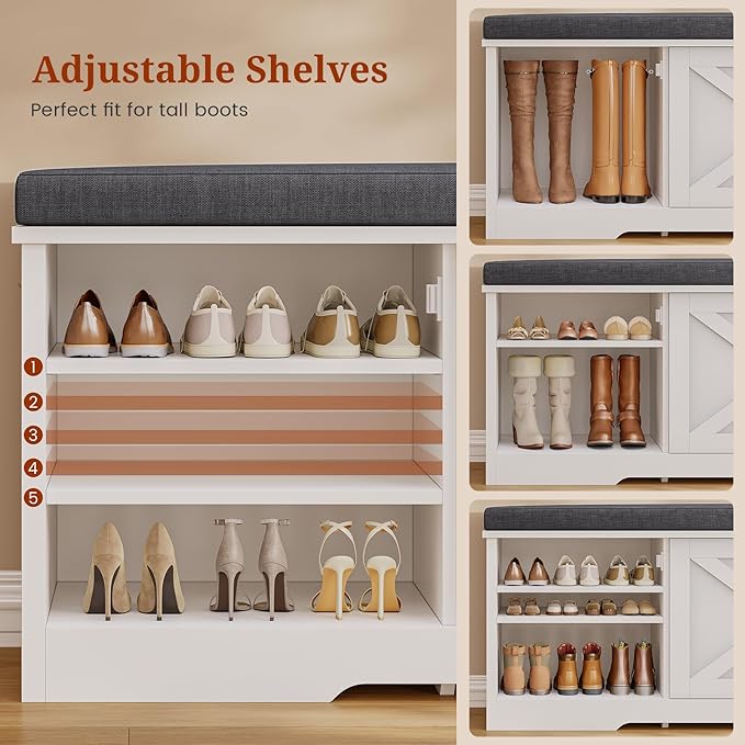 Farmhouse Storage Bench with Flip Drawers & Padded Seat Cushion, Half Hidden Shoe Rack Organizer, Adjustable Shelf Shoe Cabinet for Large Family, Entryway, Bedroom, Living Room (White)-PurrikoPets