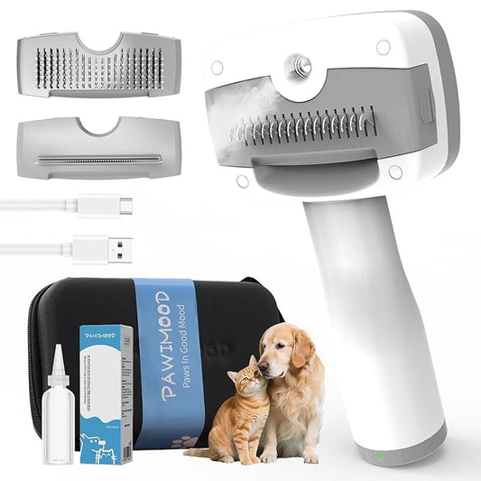 5 in 1 Pet Steam Brush for Dogs & Cats – Self Cleaning, 3 Pet Brush for Smoothing, Dematting, Thinning – Shedding, Grooming & Hair Removal, Includes Shampoo & Storage Case (8.0"-promax)-PurrikoPets