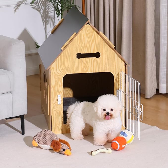 Dog House Indoor for Small Dogs or Cats, Cozy Wooden Design, Small Indoor Bed House, with Air Vents and Elevated Floor Warm Dog Cave-PurrikoPets
