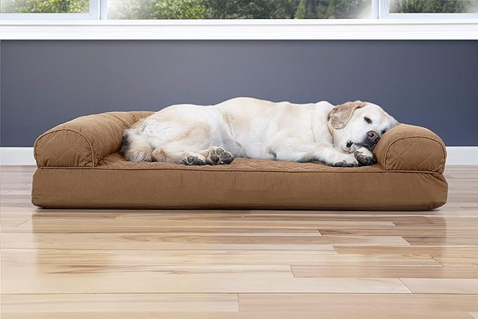 Furhaven Cooling Gel Dog Bed for Large Dogs w/ Removable Bolsters & Washable Cover, For Dogs Up to 95 lbs - Quilted Sofa - Toasted Brown, Jumbo/XL-PurrikoPets
